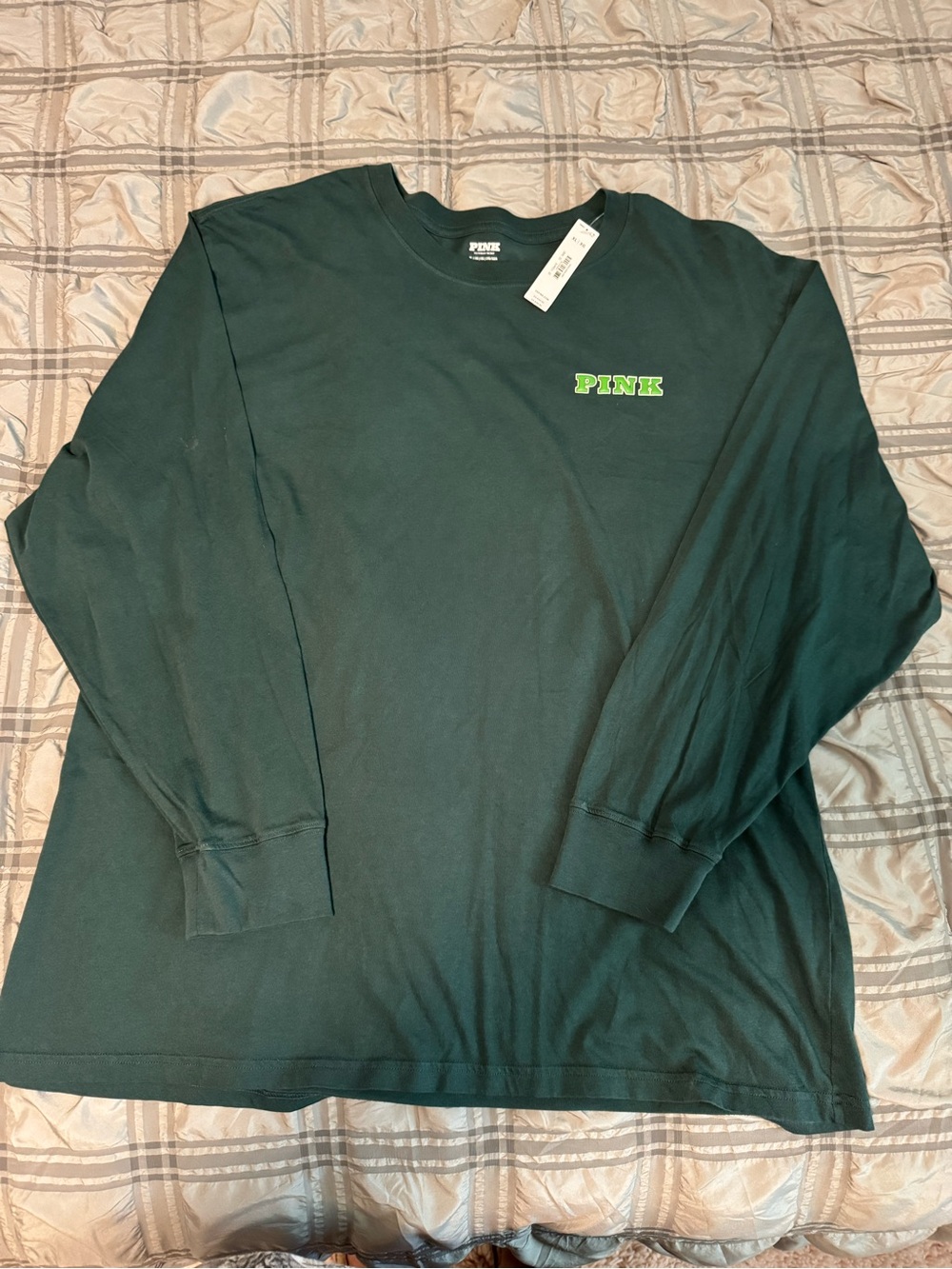 PINK Victoria's Secret Dark Green Tee with Lime Green Logo